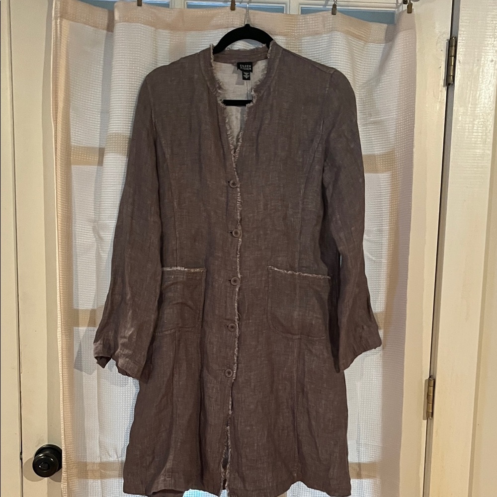Eileen Fisher Washed Taupe Linen Button-Front Long Jacket